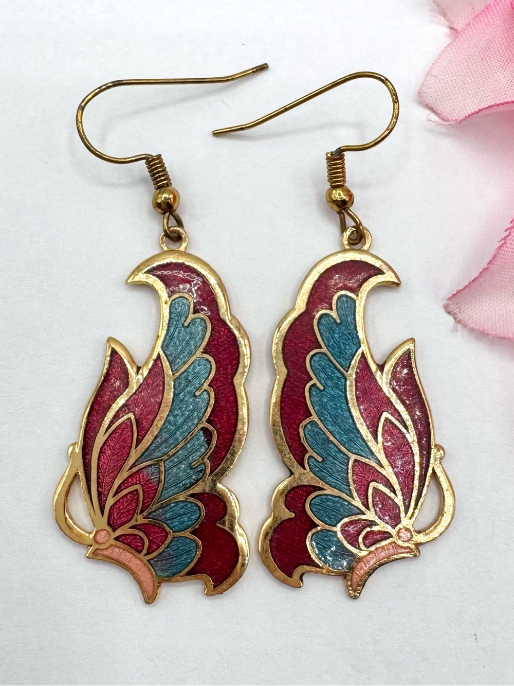 Vintage Cloisonné Butterfly Earrings Red Blue Gold Tone Cottagecore Garden